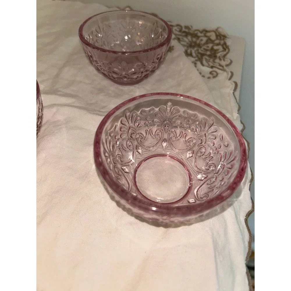 Set of 4 Vintage Purple Pressed Glass Bowls Fleur De Lis Embossed Lavender 3.5